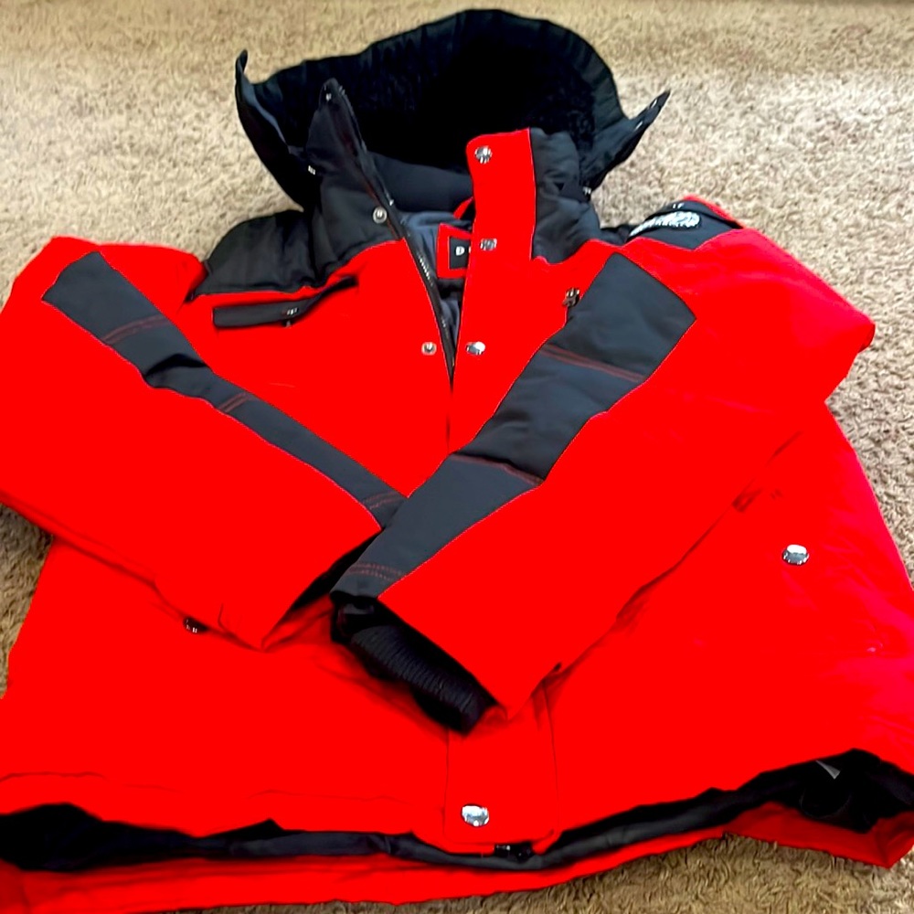 Red and black Boys Donna Karan puffer jacket